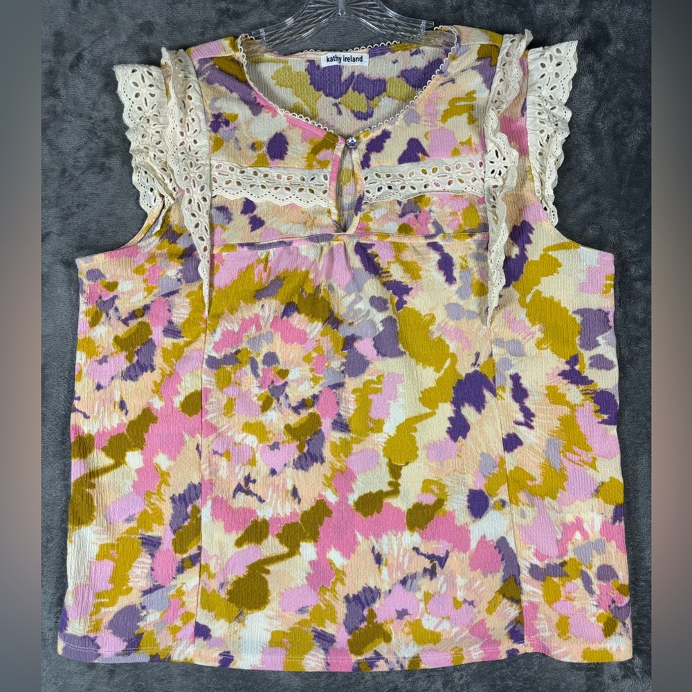 Kathy Ireland Womens Sleeveless Key Hole Front Ruffle Blouse Top‎ Size XL